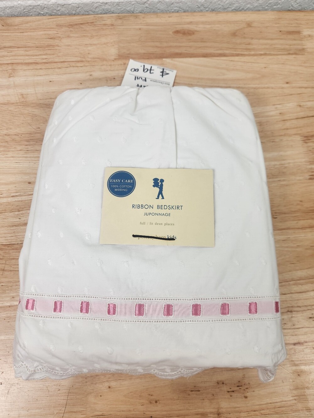 Pottery Barn Kids White Full Bed Skirt 13" Drop Cotton Swiss Dot Pink Ribbon NOS